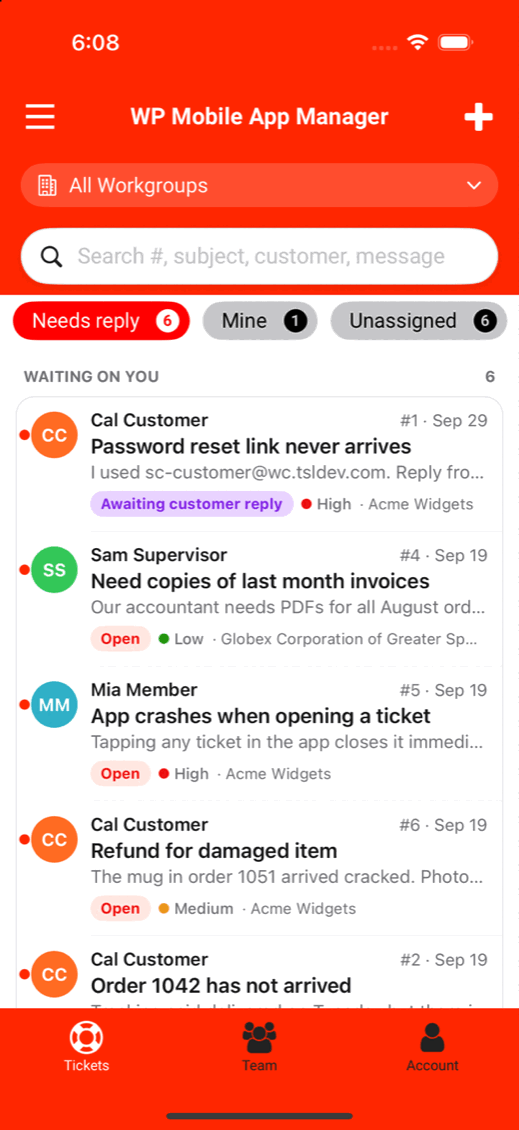 The WPMAM Support app on iPhone showing an agent's ticket list, grouped under Waiting on you